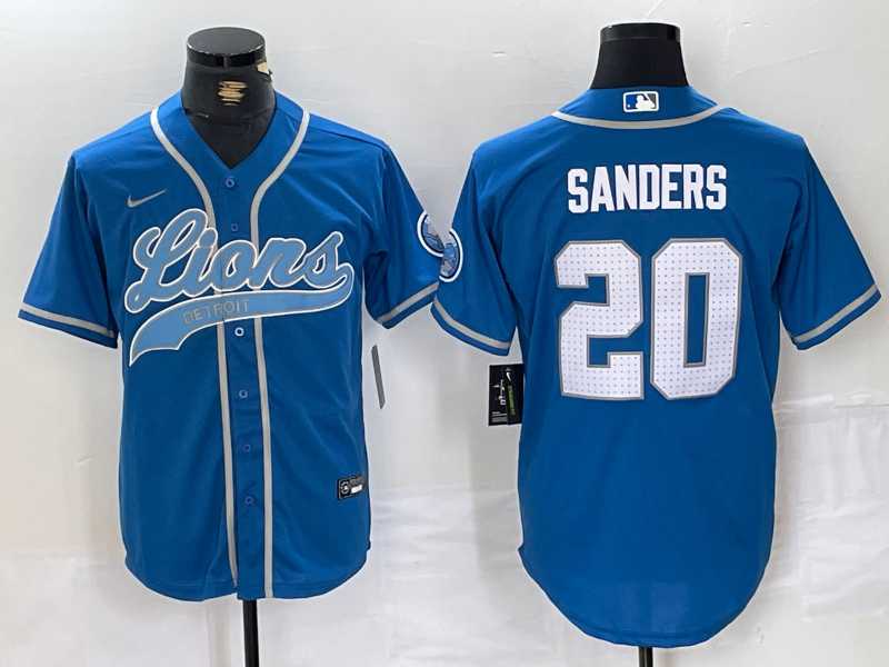 Mens Detroit Lions #20 Barry Sanders Blue With Patch Cool Base Stitched Baseball Jersey